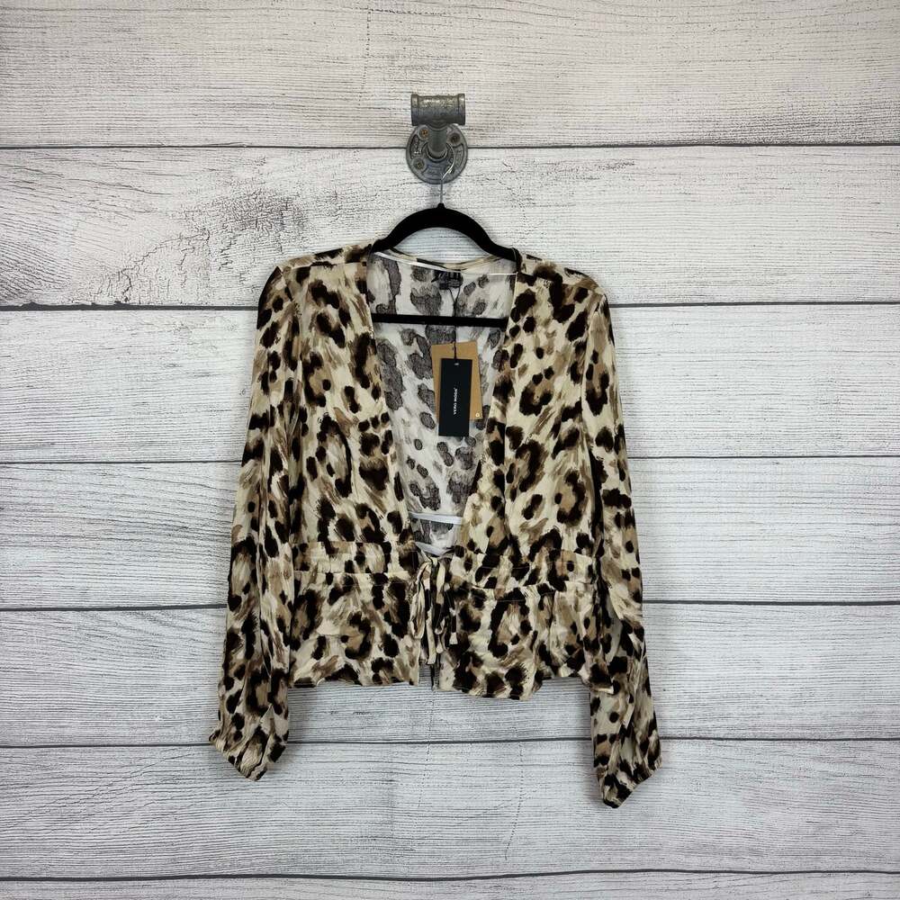 Vera Moda Women's Anna Long Sleeve Cheetah Tie Front Blouse Size Large